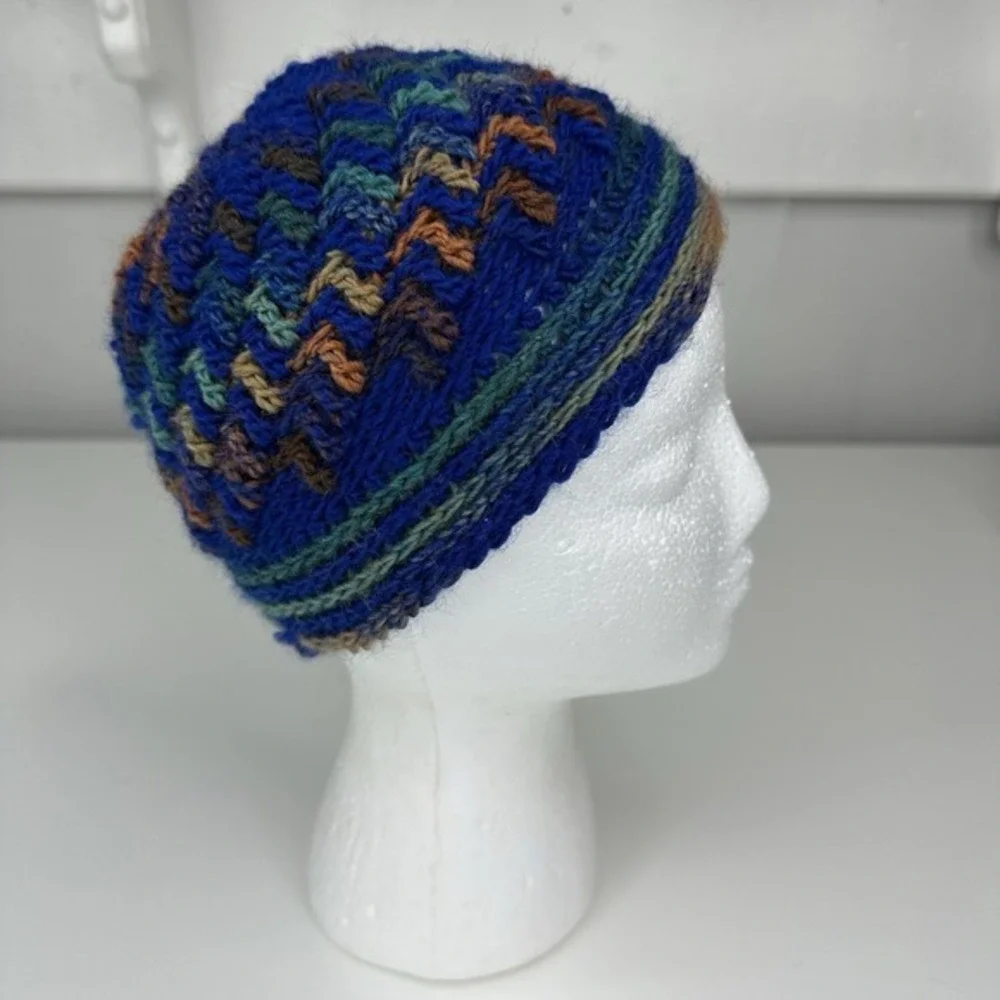 Created by Cyd Handmade Crochet Beanie Hat Blue Green Brown Boho Knit Cap NEW